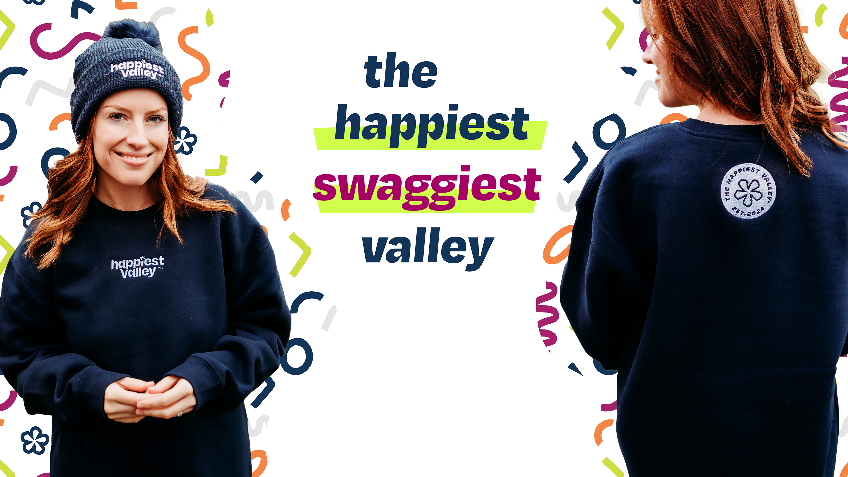 https://bonafidephoto.com Photo of @happyvalleyhannah smiling while wearing navy crew neck sweater and speckled navy beanie with white embroidered logo 'happiest valley.' Back view shows The Happiest Valley badge logo with asterisk icon, established 2024. Perfect for Penn State fans and nostalgia for good times in happy valley / State College, PA