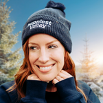 https://bonafidephoto.com Photo of @happyvalleyhannah smiling while wearing navy speckled beanie with white embroidered logo 'happiest valley.' Perfect for Penn State fans winter wear, staying cozy, and nostalgia for good times in happy valley / State College, PA