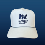 White baseball hat / baseball cap with navy embroidered logo 'happiest valley' and navy cord. Perfect for Penn State fans and nostalgia for good times in happy valley / State College, PA / casual and trending