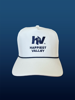 White baseball hat / baseball cap with navy embroidered logo 'happiest valley' and navy cord. Perfect for Penn State fans and nostalgia for good times in happy valley / State College, PA / casual and trending